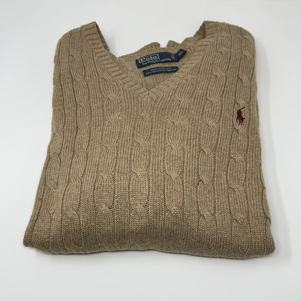 Vtg 90s Polo Ralph Lauren Cable-Knit Tussah Silk Sweater V-Neck XL Beige Khaki